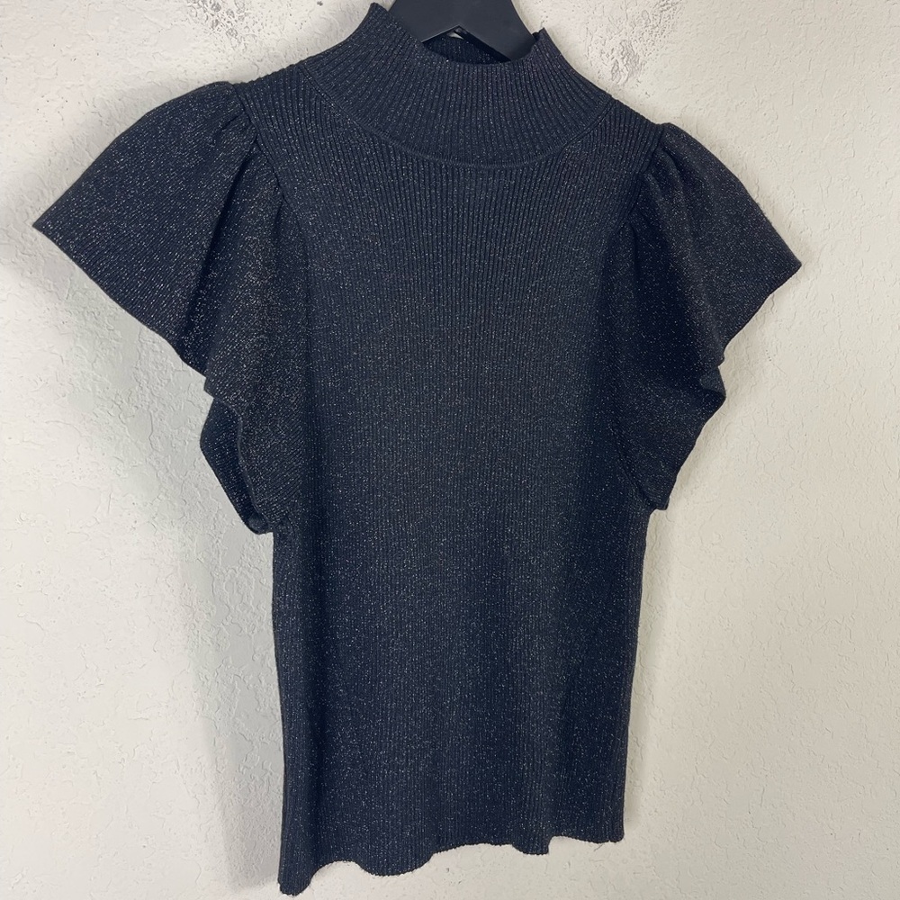 Anthropologie Maeve Glitter Flutter Muscle Sleeve Sweater in Black Size Small - Picture 6 of 10